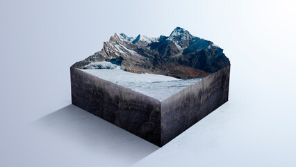 Realistic 3d illustration made with photohsop representing a micro world using the image of a snowy mountain