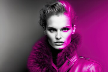 Fashion model woman bored, studio lighting, magenta copyspace, concept of Elegant and Stylish, created with Generative AI technology
