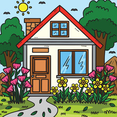 Spring House With Garden Colored Illustration