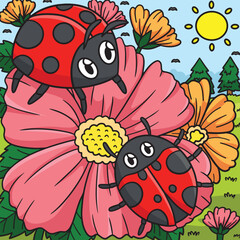 Spring Ladybugs On Flower Colored Illustration