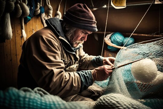Fisherman repairing a fishing net on the deck of a fishing boat, concept of Net Mending and Boating, created with Generative AI technology