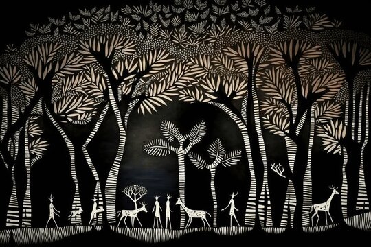 Forest painted in warli style, concept of Folk Art and Nature Art, created with Generative AI technology