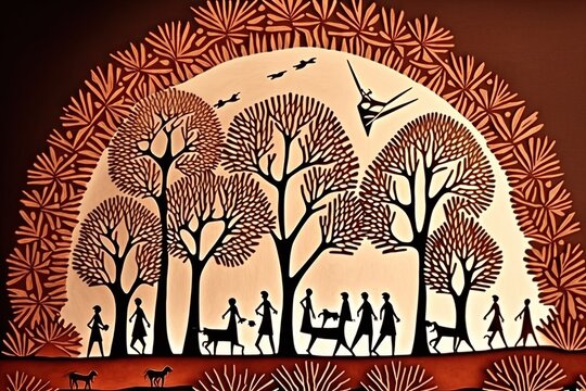 Forest painted in warli style, concept of Folk Art and Nature Art, created with Generative AI technology