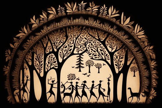 Forest painted in warli style, concept of Folk Art and Nature Art, created with Generative AI technology