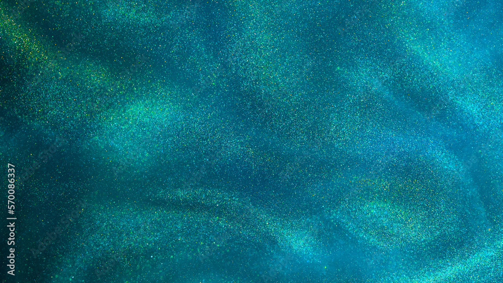 Wall mural various stains and overflows of gold particles in green fluid with blue tints. golden particles dust