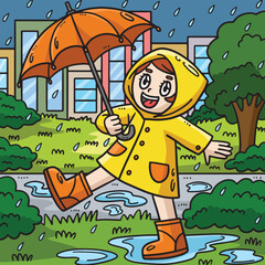 Spring Girl Enjoying The Rain Colored Illustration