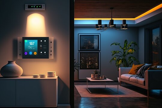 Modern-looking home with smart speakers lights and thermostat all connected and controlled through a single device, concept of Smart Home and Automation, created with Generative AI technology