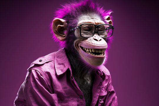 Nerd monkey smiling, magenta, concept of Studio Portrait and Magenta Background, created with Generative AI technology
