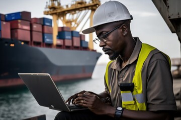 Port worker using a computer to track the movement of containers and shipments, concept of Data Analysis and Logistics Management, created with Generative AI technology