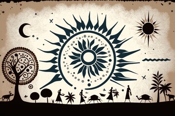 Sky painted in warli style, concept of Folk Art and Tribal Art, created with Generative AI technology