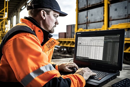 Port worker using a computer to track the movement of containers and shipments, concept of Data Analysis and Logistics Management, created with Generative AI technology