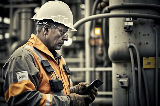 Safety inspector checking equipment and procedures in a chemical plant, concept of Compliance Monitoring and Hazard Analysis, created with Generative AI technology