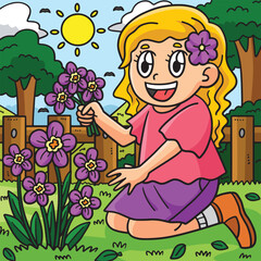Spring Girl Picking Flowers Colored Illustration