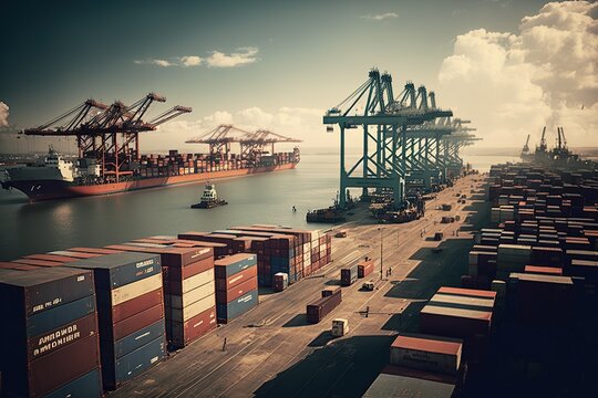 View of the port showing rows of cargo containers and cranes in the distance, concept of Seaport and Logistics, created with Generative AI technology