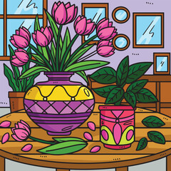 Spring Flowers In A Vase Colored Illustration