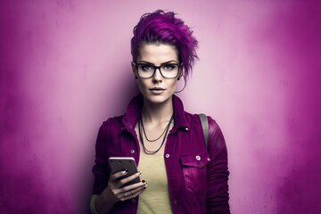 Young hipster woman with a phone studio lighting neutral background magenta colour copyspace, concept of Moody Portrait and Technology, created with Generative AI technology - obrazy, fototapety, plakaty