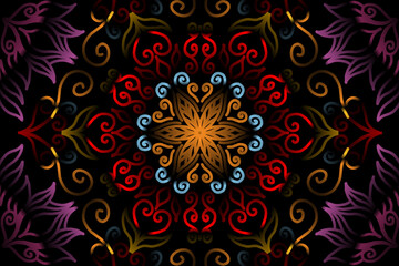 Fototapeta na wymiar Beautiful caleidoscope symmetrical colourful gradient flowers line art of traditional abstract symbol batik dayak ornament design template elements
