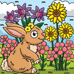 Spring Rabbit and Flowers Colored Illustration