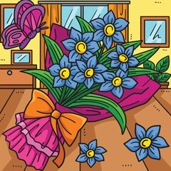 Spring Flower Bouquet Colored Cartoon Illustration