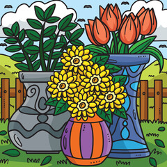 Spring Potted Plants Colored Cartoon Illustration