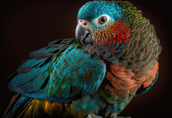 beautiful macaw parrot on black studio background ocreated with Generative AI technology