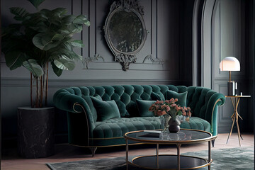 Emerald green living room interior with fog grey walls. Sofa and coffee table. Minimalist home decor. Luxury living room in house with modern interior design, green velvet sofa, coffee table, pouf