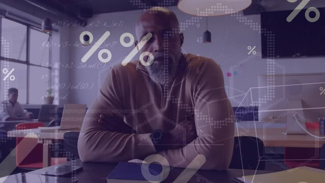 Animation of mathematical equations and symbols over african american businessman working at office