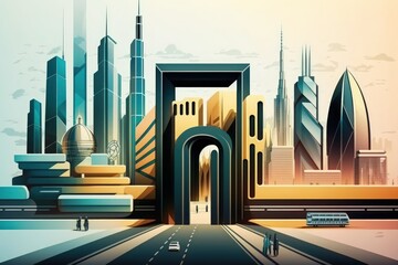 Skyscrapers can be reached via modern, futuristic train. Commuters are delivered by tech railway to Dubai's financial district. notion of information protection. drawings of padlocks. two exposures
