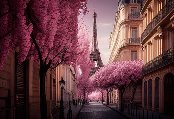 beautiful paris with pink blossoms created with Generative AI technology