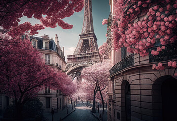 beautiful paris with pink blossoms created with Generative AI technology - obrazy, fototapety, plakaty