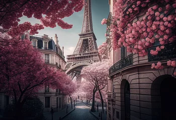 Selbstklebende Fototapeten beautiful paris with pink blossoms created with Generative AI technology © Robert Herhold