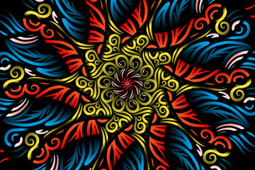 Fototapeta premium Beautiful caleidoscope symmetrical colourful gradient flowers line art of traditional abstract symbol batik dayak ornament design template elements