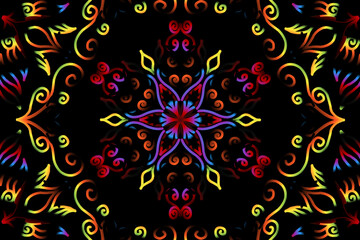 Beautiful caleidoscope symmetrical colourful gradient flowers line art of traditional abstract symbol batik dayak ornament design template elements