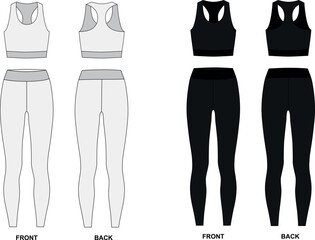 Vector set of women's sportswear for yoga, running, fitness. Vector drawing of leggings and sports bra in black and white colors. Shapewear pattern sketch front and back view.