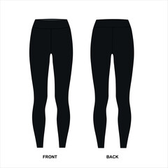 Vector illustration of black leggings. Leggings template front and back view, vector. Shapewear for women, vector. Black sports pants for fitness, yoga, running, etc.