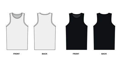 Vector illustration of sports jersey front and back. Sleeveless T-shirt template with a round neck. Outline sketch of a sports jersey in white, black colors.
