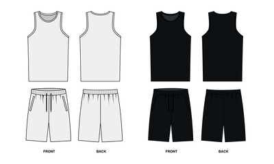 Naklejka premium Vector drawing of a sports, basketball uniform in white, black colors. Sleeveless tank top with round neck, vector illustration. Sports shorts with pockets, vector sketch. Template shorts and tank top
