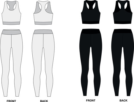 Vector set of women's sportswear for yoga, running, fitness. Vector drawing of leggings and sports bra in black and white colors. Shapewear pattern sketch front and back view.