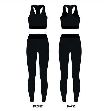 Vector drawing of a body-hugging women's tracksuit. Pattern of long leggings and sports bra in black. Leggings and bra front and back view, vector.