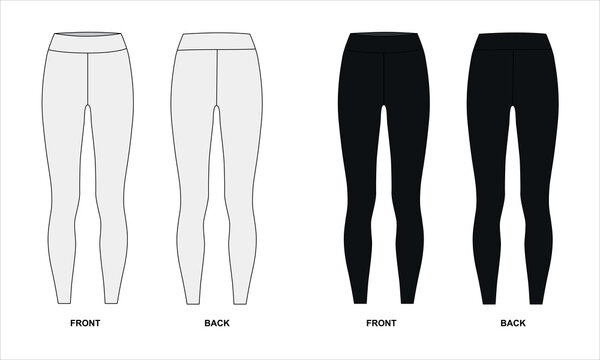 Vector Illustration Of White And Black Leggings. Leggings Template Front And Back View, Vector. Shapewear For Women, Vector. Black Sports Pants For Fitness, Yoga, Running, Etc.