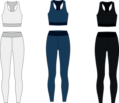 Vector set of drawings of women's sportswear fitting the body. Outline vector  template of long leggings and sports bra, white, blue, black colors.  Leggings and bras for sports - jogging, fitness, yoga Stock Vector