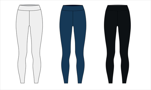 Vector set of drawings of leggings in white, blue, black colors. Sketch of women's sweatpants on a white background, vector. Leggings template for sports - fitness, running, Pilates, yoga, etc.