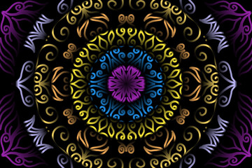 Beautiful caleidoscope symmetrical colourful gradient flowers line art of traditional abstract symbol batik dayak ornament design template elements