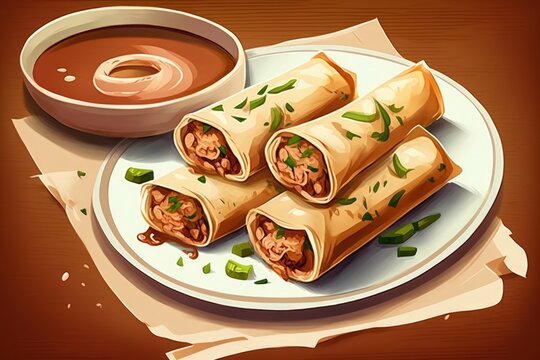 Photo of freshly cooked Filipino food called Lumpiang Shanghai or ground pork spring roll. Generative AI
