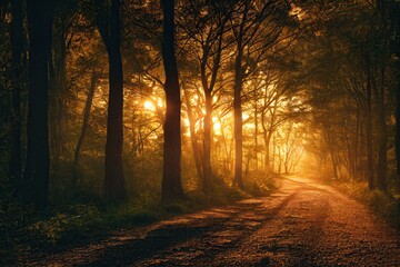 Sun shining through the trees on a dirt road in the forest generative ai 