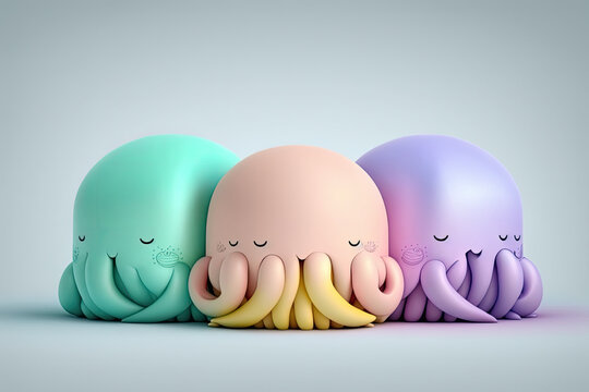 3d render of cute funny octopuses squids in pastel colors on neutral background, generative ai illustration