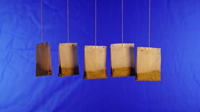 Row of used brown paper tea bags with tasty natural brew hang turning on thin threads on deep blue background close view