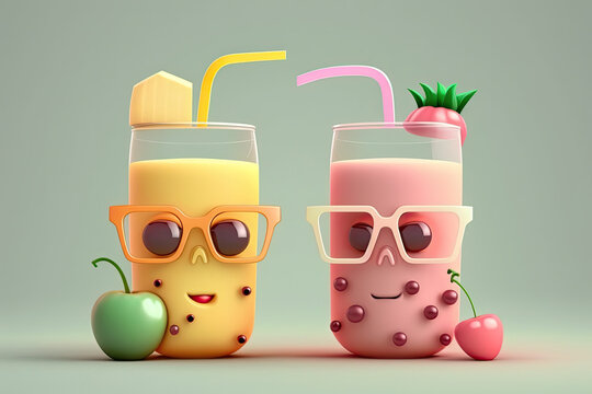Cute funny cartoon glasses with sunglasses filled fresh fruit juices and smoothies 3d render illustration in soft pastel colors on neutral background, generative ai illustration