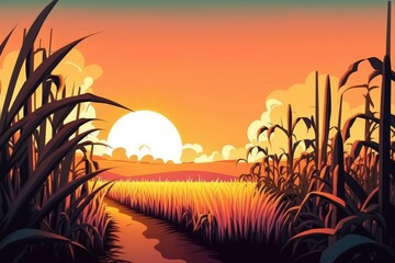 Sugarcane field at sunset. sugarcane is a grass of poaceae family. it taste sweet and good for health. Well known as tebu in malaysia. Generative AI