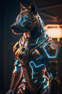 An Anthropomorphic Dog in a Futuristic Suit with Blue Glowing Neon Lights